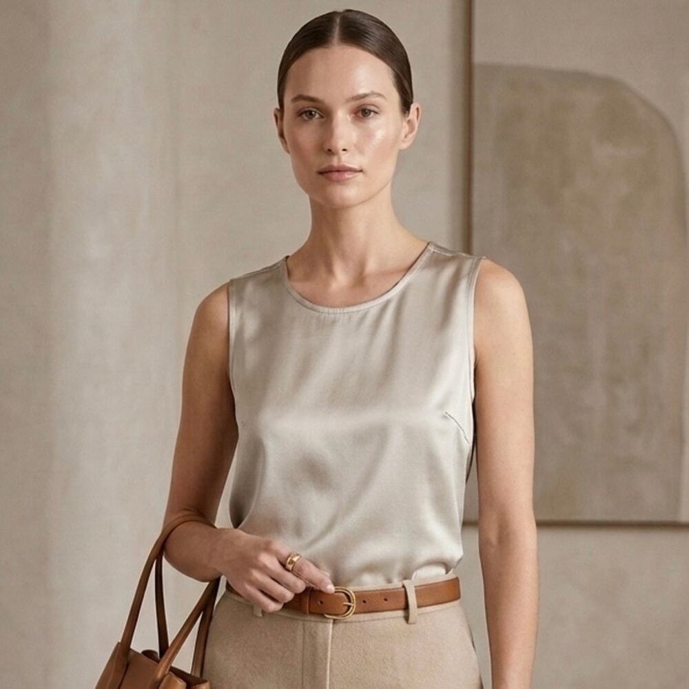 Margaret O'Leary Silk Tank Minimalist Quiet Luxury Capsule Silver Sz Large